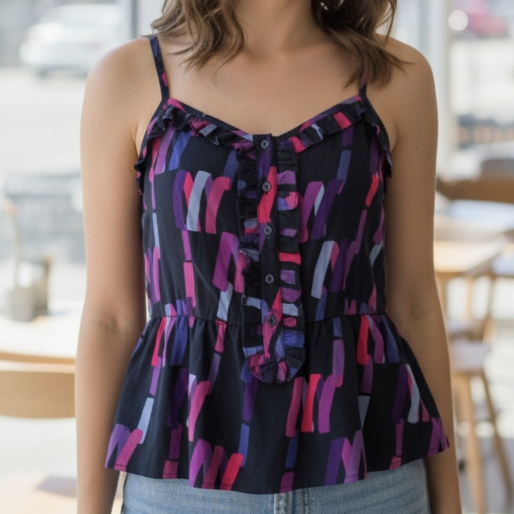 Marc Jacobs Printed Ruffle Tank in a deep navy multi-color Size 6